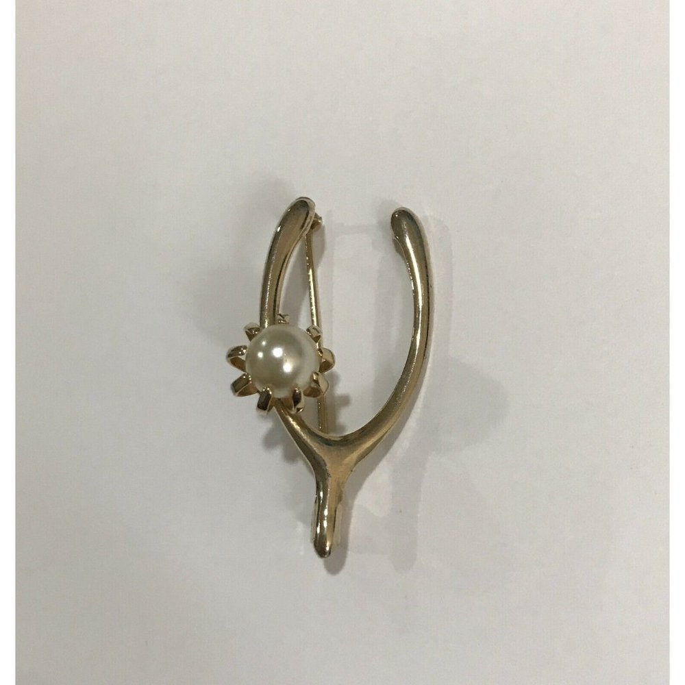 VINTAGE WISHBONE BROOCH GOOD LUCK SYMBOL GOLD TONE METAL PIN FAUX PEARL - Picture 4 of 7